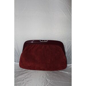 Vintage Burgundy Suede Clutch Bag Lucite Frame Made in Italy Wine Red Kiss Lock